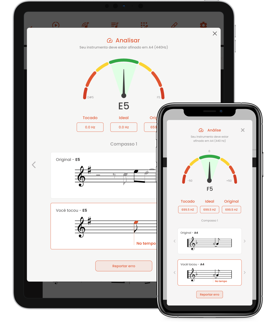 Musiway no iPad e no iPhone: a tela Analisar mostra a nota tocada, a afinação, o compasso e a comparação com a partitura original