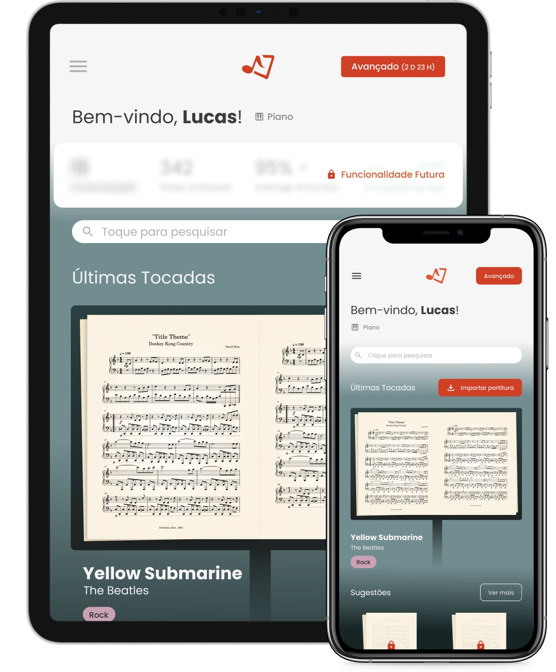 Musiway no iPad e no iPhone: a tela inicial com busca, as últimas partituras tocadas e sugestões