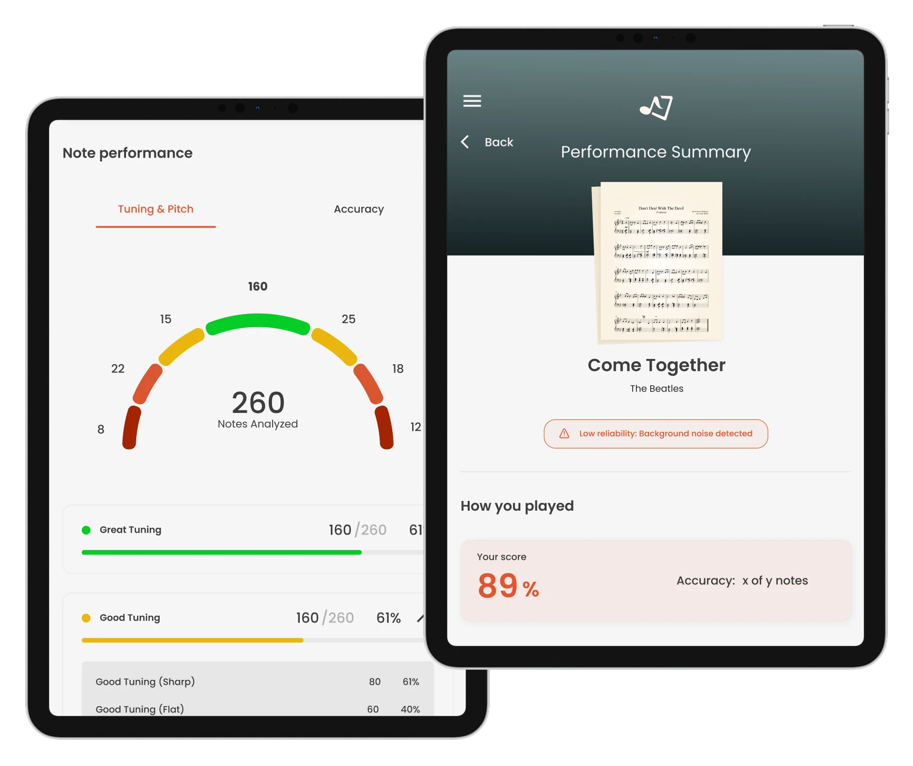 Preview of Musiway on two iPads: the performance summary, with score and accuracy, and the note performance, with tuning and notes analyzed